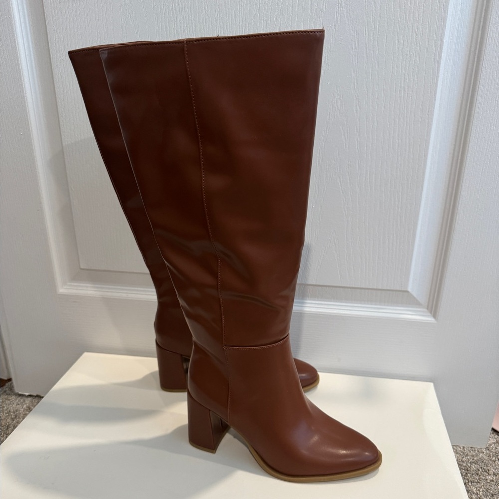 a new day Brown Heeled Boots with Polished faux Leather Finish